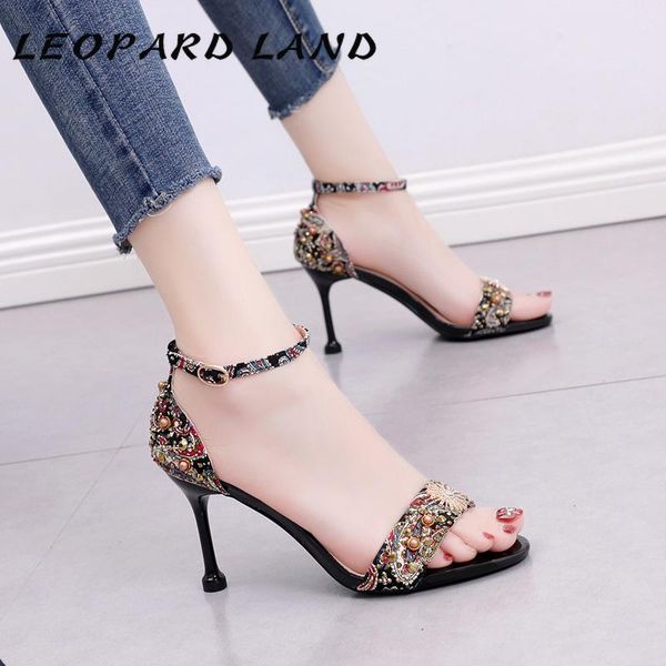 

2021 summer fashion color matching sandals rhinestones with a word open toe high heel women cwf, Black