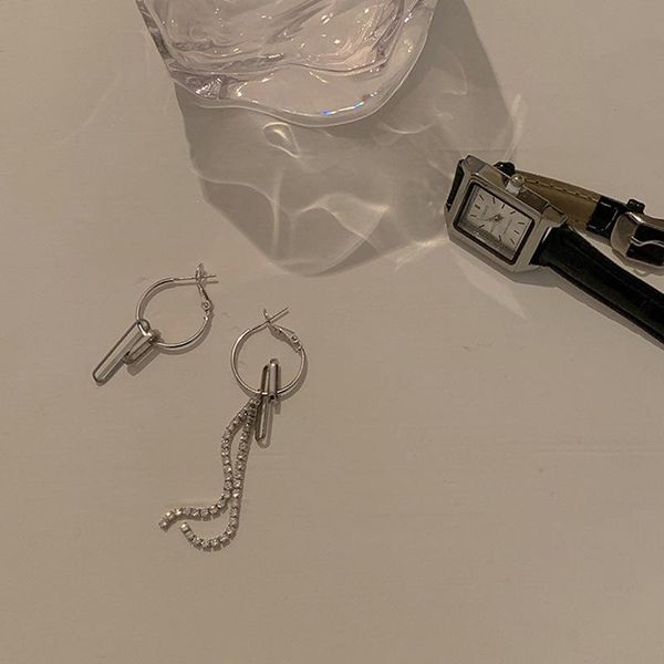 

hoop & huggie gothic asymmetric rhinestone chain pendant earrings for women girl simple party charm jewelry, Golden;silver