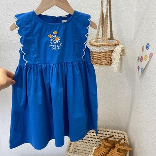 

2022 summer new girls dress embroidery dress girls boutique high-quality cotton skirt childrens fashion fashionable blue