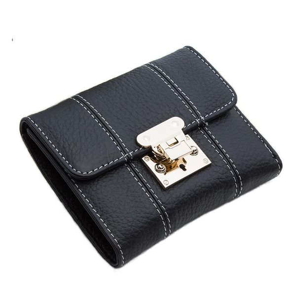 

wallets 2021 lock design folding women short wallet 100% genuine cow leather coin purse case holder pouch small pocket, Red;black