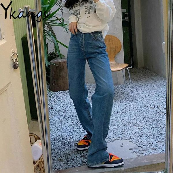 

women's jeans basic side slit scratched high waist straight women harajuku vintage denim trousers korean casual black blue long pants