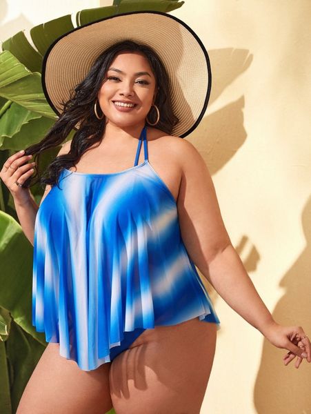 

plus allover print hanky hem high waisted bikini swimsuit s6hj#, Black