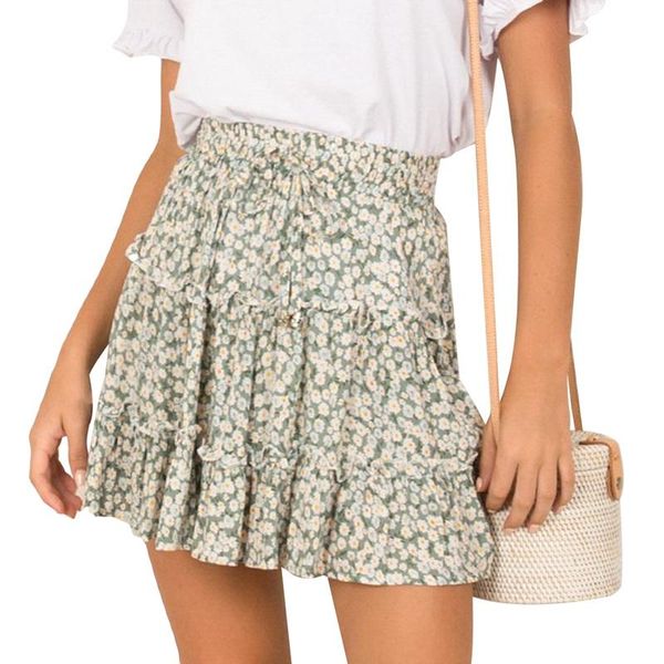 

skirts 2021 women floral printed a-line mini cotton ruffles pleated girls beach holidays casual s, Black
