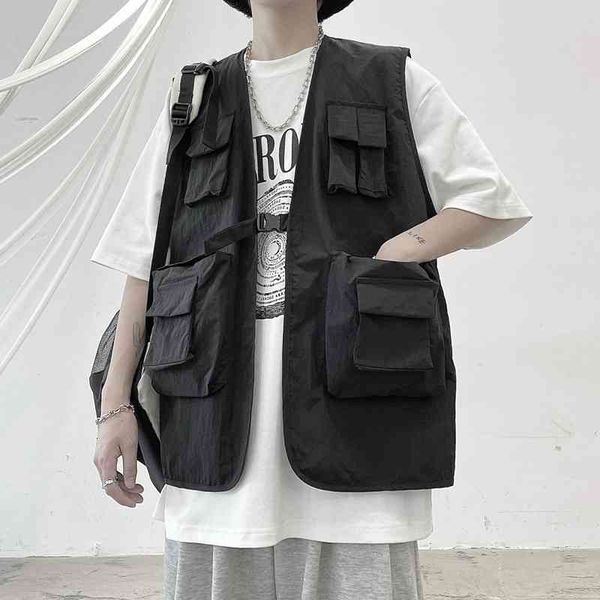 

men's vests spring summer fashion gray black men streetwear loose hip-hop pocket tooling mens jacket m-xl 0s4o, Black;white