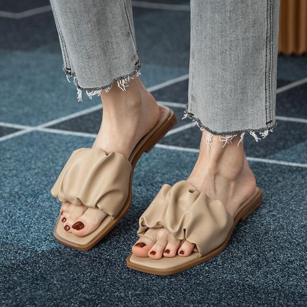 

slippers women ins woman summer outdoor slides women's 2021 fashion pleated open toe flat lady beach shoes female footwear, Black