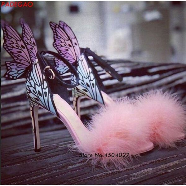 

est pink feather butterfly wing gladiator sandals women open toe high heel shoes woman wedding dress, Black