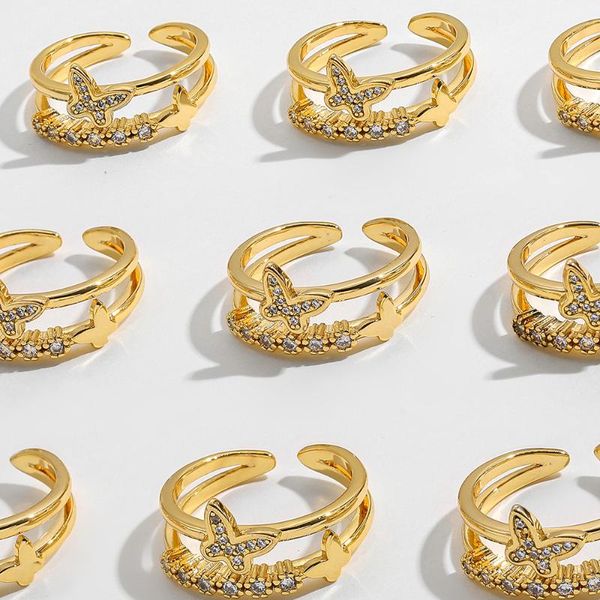 

wedding rings charm cz zircon butterfly finger ring for women gold color metal double layer open girlfriend birthday gift jewelry, Slivery;golden
