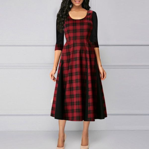 

casual dresses women party dress 2021 arrival autumn elegant plaid print stitching ound neck midi retro evening club outfits, Black;gray