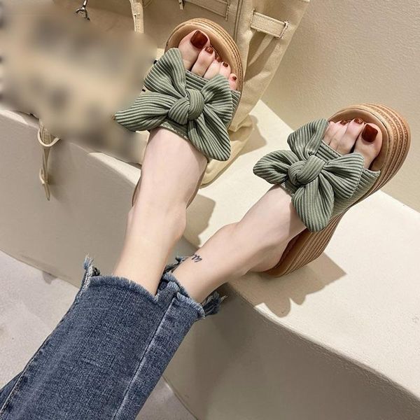 

women solid butterfly knot slippers females casual party outside home slides sandals 6cm wedges platform open toe shoes, Black