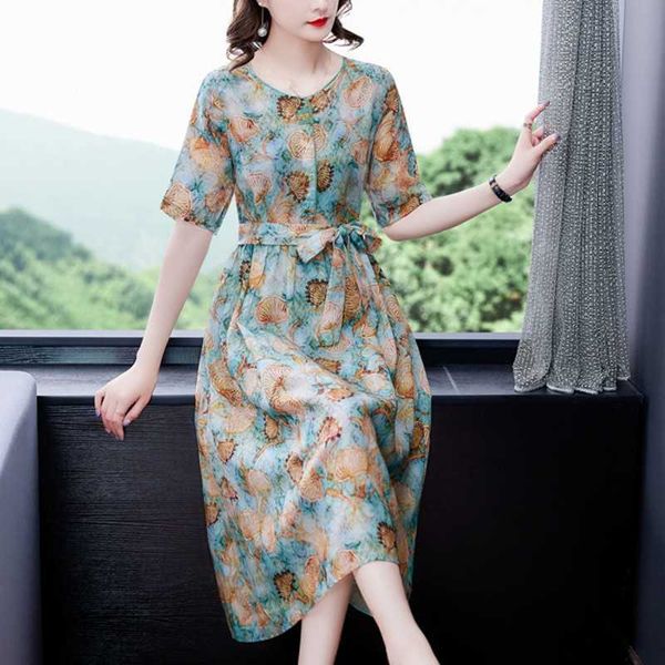 

summer women cotton linen casual dress vintage style o-neck floral print loose ladies short sleeve dresses 210531, Black;gray