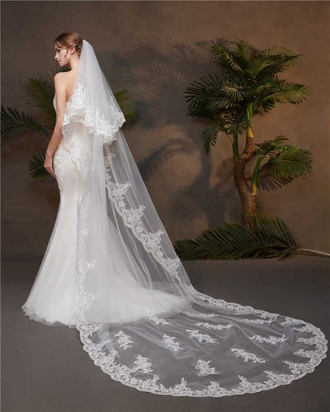 Layer 2 Lace Edge 3m Cathedral Wedding Veil with petting per Bride Bridal Veils Accessori Vail Velos de Novia X0726