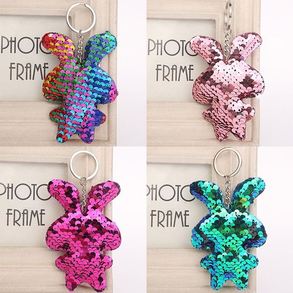 

cute rabbit keychain glitter pompom sequins key chain gifts for women car bag accessories key ring, Slivery;golden