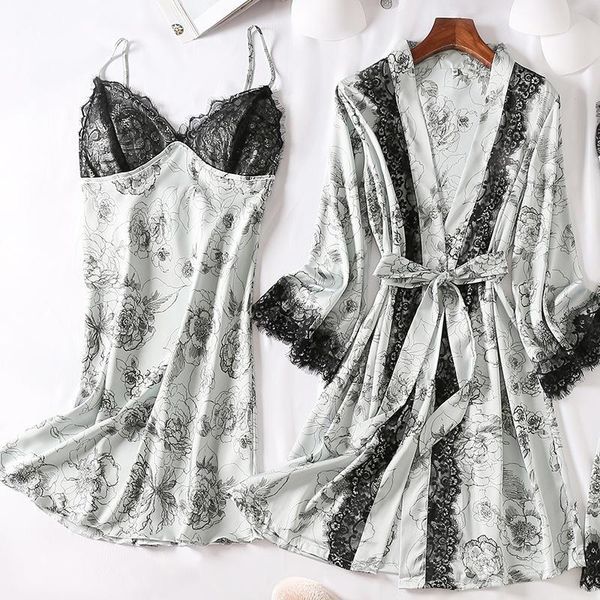 

summer female kimono bathrobe gown lace trim sleepwear nightgown suit printed flower wedding robe silky loose home clothes women's, Black;red