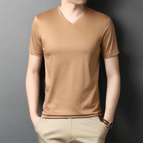 

men's t-shirts 2021 summer ice silk solid color t shirt mens casual streetwear slim fit tee male v-neck short-sleeved tshirt a60, White;black