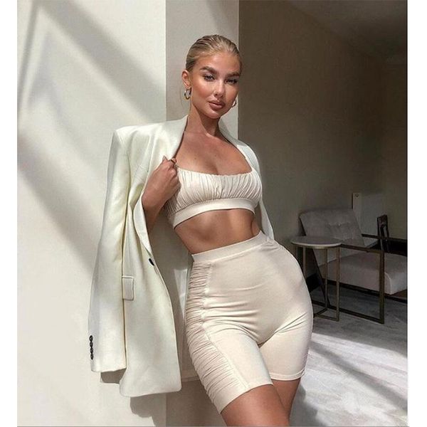 

plus size two piece sweatsuit women spaghetti strap sleeveless crop high waist short fitness tracksuit my-k9635 dress, White
