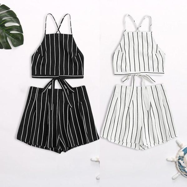

feitong 2021 women sets striped blue 2 pieces set crop and shorts bandage strap cami with women's tracksuits, Gray