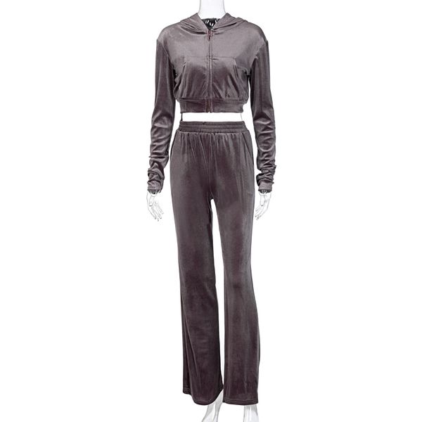 

women's tracksuits velvet women 3 piece set hoodie sweatshirt zipper tube crop high waist wide leg pants tracksuit sporty casual outfit, Gray