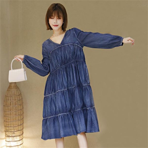 

women denim loose dress 2021 autumn vintage a line drapped v-neck lantern sleeve dresses vestidos s82189 vestido feminina casual, Black;gray