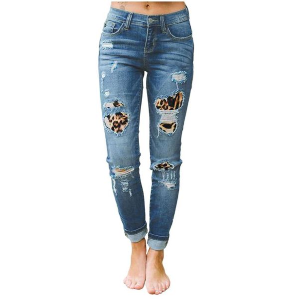 

straight jeans slim high waist button denim trousers holes with leopard pattern stitching pants casual pocket trousers#lr3 women's, Blue