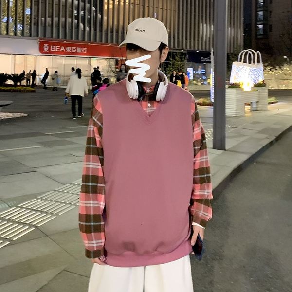 

men's t-shirts spring plaid stitching fake two-piece hoodie korean fashion loose casual pullover harajuku streetwear plus size 2iz, White;black