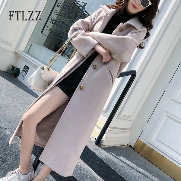 

women's wool & blends medium long coat women fashion black turn down collar single breasted spring autumn thin outerwear korean style c