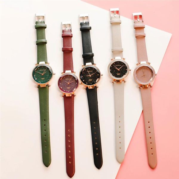 

luxury starry sky women watches 2021 qualities ladies leather quartz watch fashion casual female wristwatches montre femme, Slivery;brown