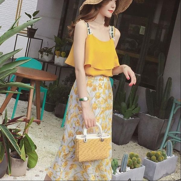 

2 piece summer chiffon women dress set floral skirt outfits beach suit, White