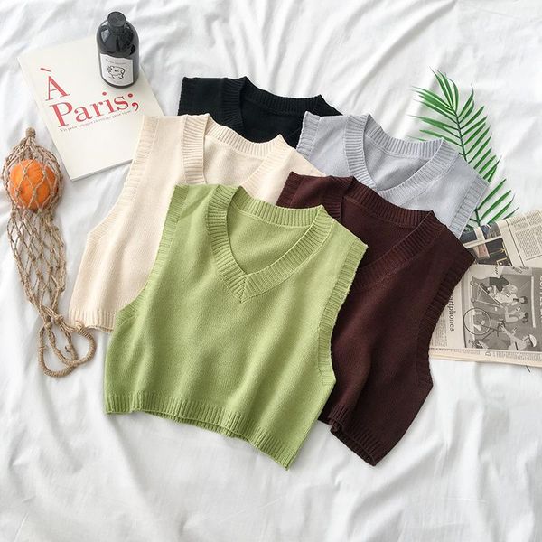 

women's vests 2021 korean style women pullover sweaters vest solid color v-neck casual female chaleco sueter, Black;white