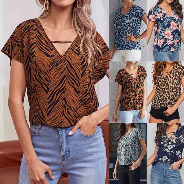 

t-shirt 2021 summer new t-shirt leopard print short sleeve v-neck female, White