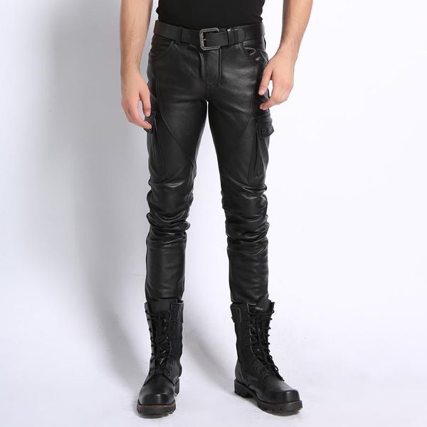 

genuine leather pants men real sheepskin motorcycle biker male trousers autumn winter thick pockets plus size 5xl men's, Black