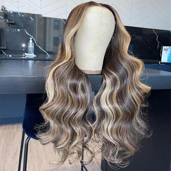 

highlight color brazilian body wavy wig remy t part lace front human for black women with baby hair wigs bleached knots, Black;brown