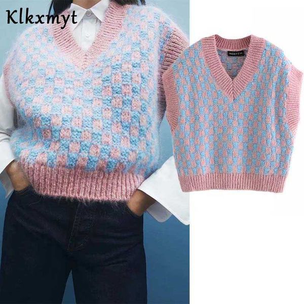 

klkxmyt za women fashion plaid loose cropped knitted vest sweater vintage v neck sleeveless female waistcoat chic 210527, Black;white