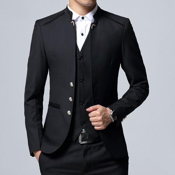 

men's suits & blazers claret gentleman wedding 3 piece blue elegant dinner banquet party wear social club mandarin collar black stage 2, White;black