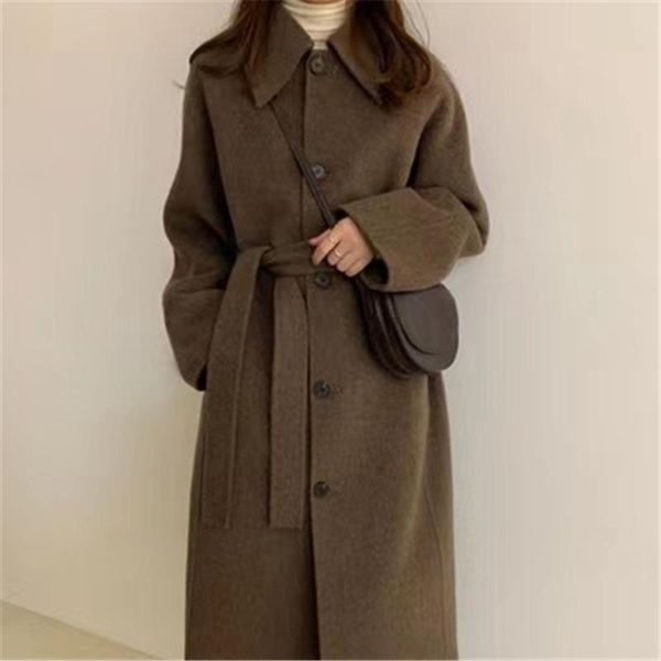 

women's wool & blends elegant winter women korean chic long blend woolen oversize coats loose lapel overcoat cardigans thick warm coat, Black