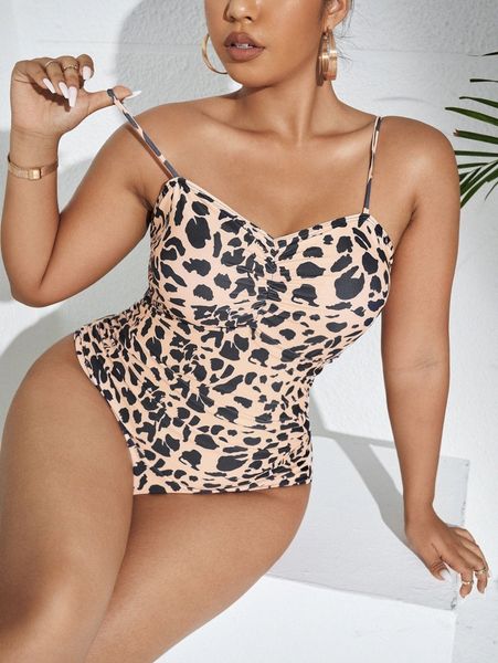 

plus leopard ruched one piece swimsuit l3je#, Black