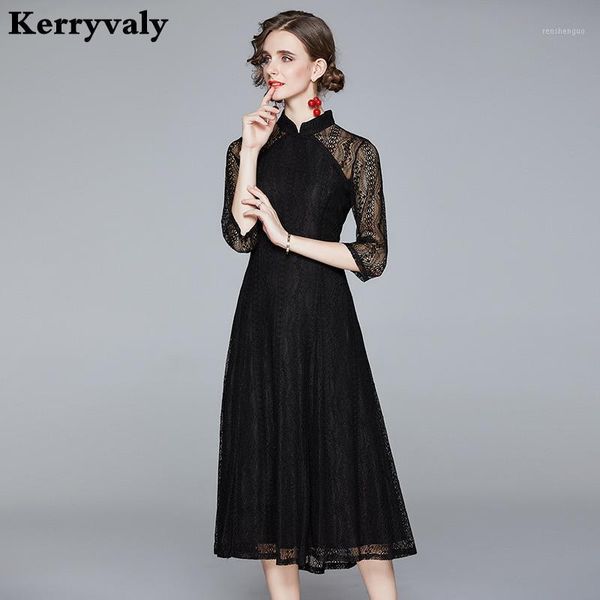 

casual dresses elegant autumn 3xl plus szie women black lace dress zomerjurk dames 2021 korean office midi ladies robe blanche k8351, Black;gray