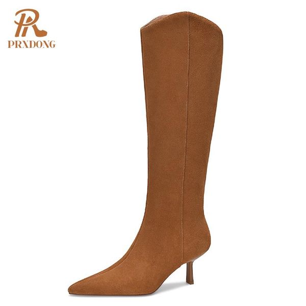 

boots luxury pointed toe women knee high cow suede ladies stiletto heels party weddings dress boot concise elegant woman shoes, Black