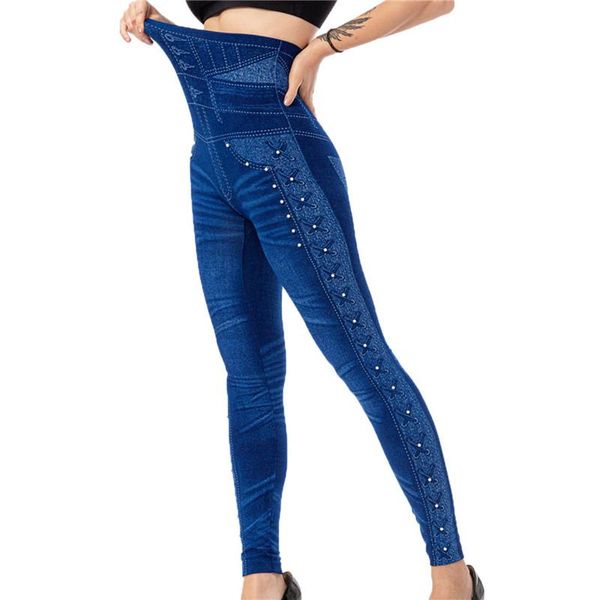 

women's leggings high waist faux denim jeans slim elastic seamless skinny pencil legging womencomfortable workout, Black