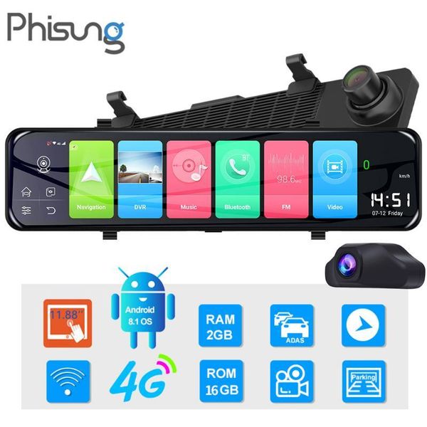 

phisung z70 dashboard camera 11.88 inch android 8.1 car rearview mirror dvr 4g wifi bluetooth adas dashcam with rear view cameras& parking s