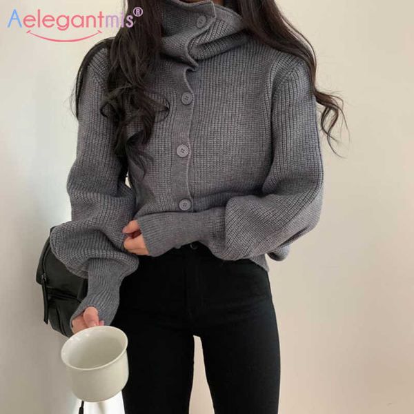 

aelegantmis turtleneck knitted sweater cardigan women vintage ribbed loose coats korean single breasted casual jumpers outwear 210607, White