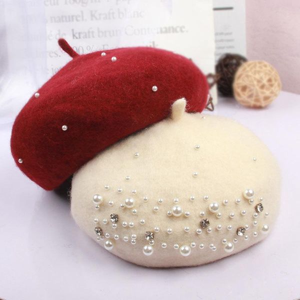 

berets korean 2021 fashion beret princess lovely pearl girls caps kids beanies hats spring autumn winter painter, Blue;gray