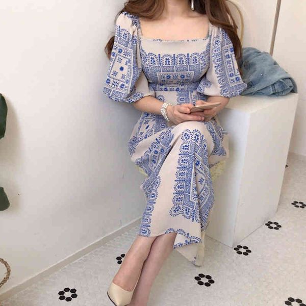 

casual dresses new summer women vintage loose high waist slim was thin elegant square collar hir color maxi dress owta, Black;gray