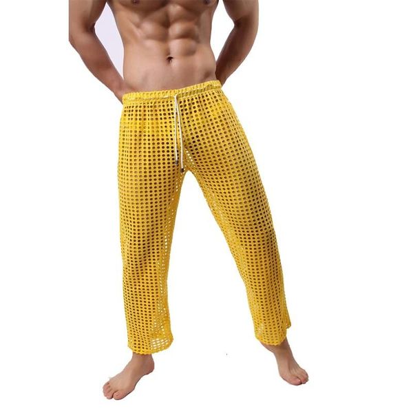 

men's sleepwear men see through lounge pants fashion fishnet sheer long pajama bottoms breathable iiiy, Black;brown