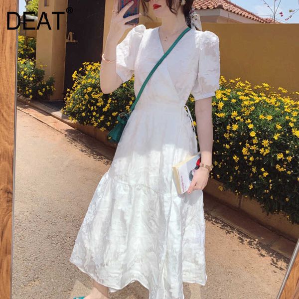 

[deat] fashion summer v-neck high waist knee-length short sleeve solid color organza elegant dress women 13q201 210527, Black;gray