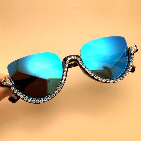 

fashion blue mirror sunglasses half cat eye black shades female retro glasses chain rhinestone eyeglasses frames gafas de sol uv, White;black