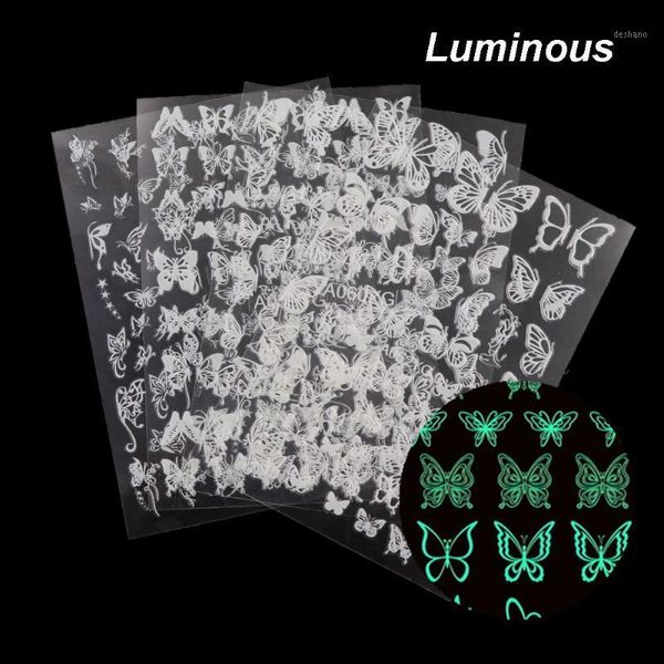 

colorful luminous butterfly nail stickers laser holographic diy decoration self adhesive 3d manicure decals 16 sheets &1, Black