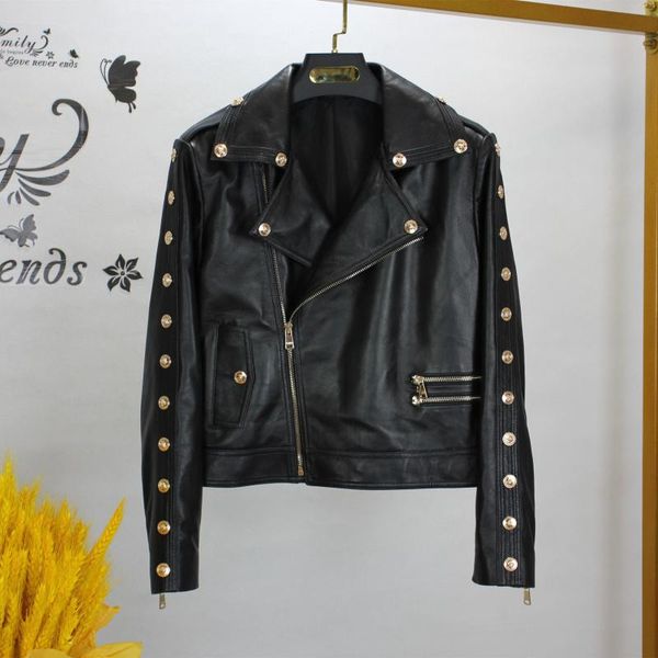 

women's leather & faux europe style sheepskin genuine buttons biker jackets c914, Black