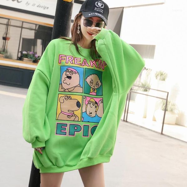 

women oversized round neck cartoon sweatshirts harajuku long sleeve pullovers green fleece style jumpers1, Black