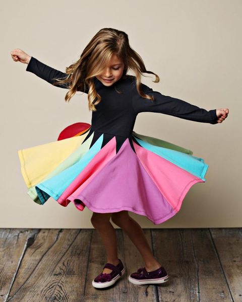 

girl's dresses 1-5 years autumn and winter explosion girl dress long sleeve round neck color matching rainbow princess kf578, Red;yellow