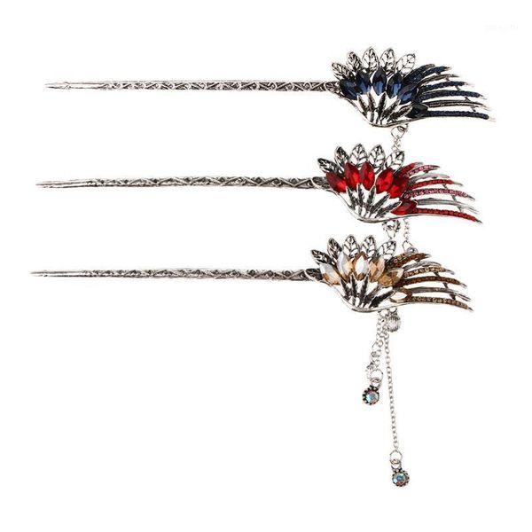 

3x chinese hair stick chopstick dangle hairpin chignon pin tassel pendant decor, red+champagne+blue1